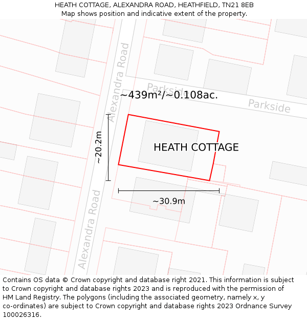 HEATH COTTAGE, ALEXANDRA ROAD, HEATHFIELD, TN21 8EB: Plot and title map