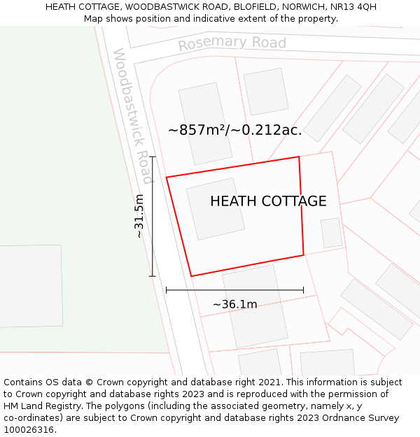 HEATH COTTAGE, WOODBASTWICK ROAD, BLOFIELD, NORWICH, NR13 4QH: Plot and title map