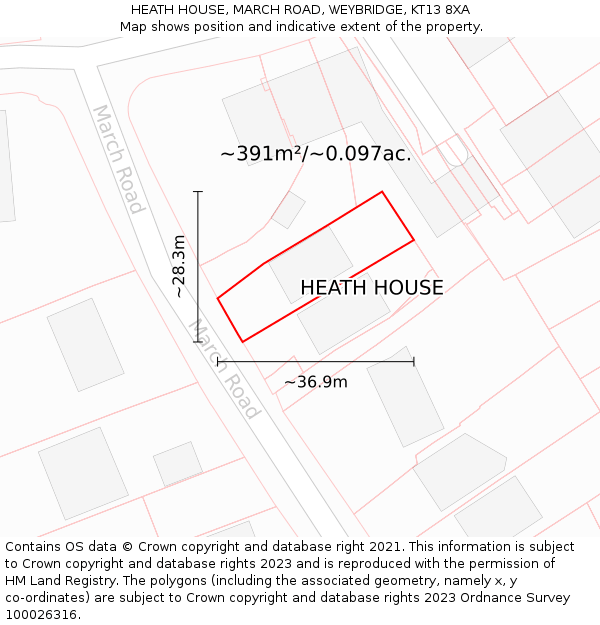 HEATH HOUSE, MARCH ROAD, WEYBRIDGE, KT13 8XA: Plot and title map