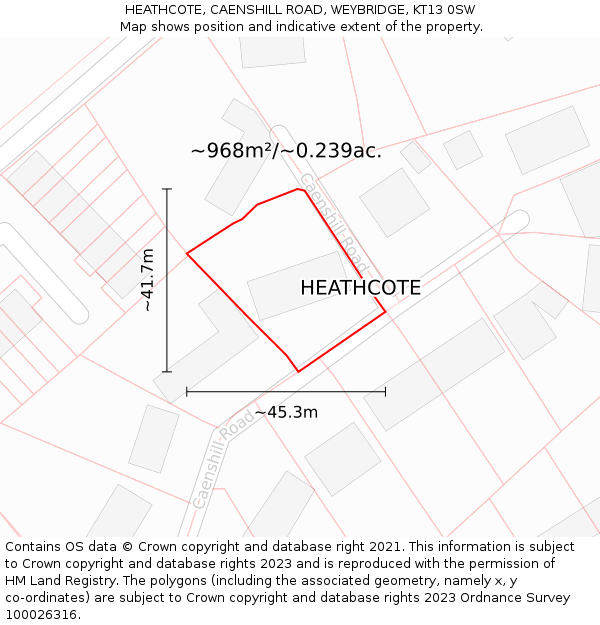 HEATHCOTE, CAENSHILL ROAD, WEYBRIDGE, KT13 0SW: Plot and title map