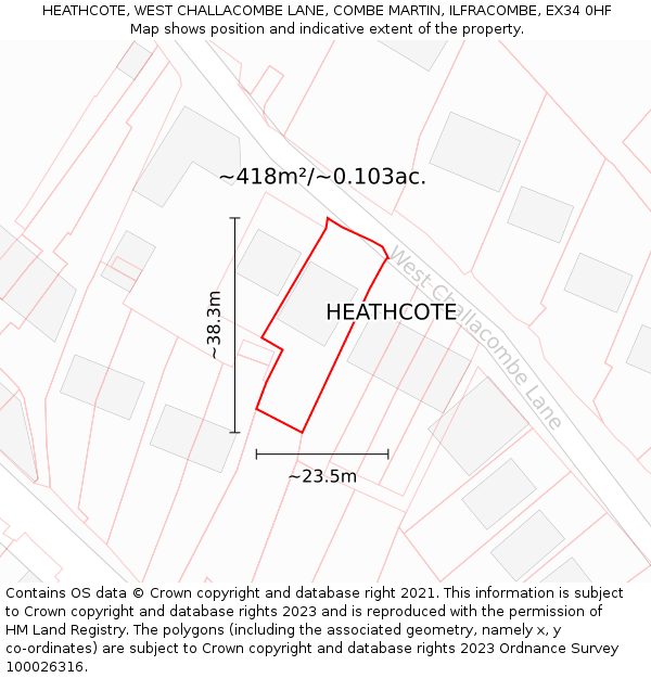 HEATHCOTE, WEST CHALLACOMBE LANE, COMBE MARTIN, ILFRACOMBE, EX34 0HF: Plot and title map