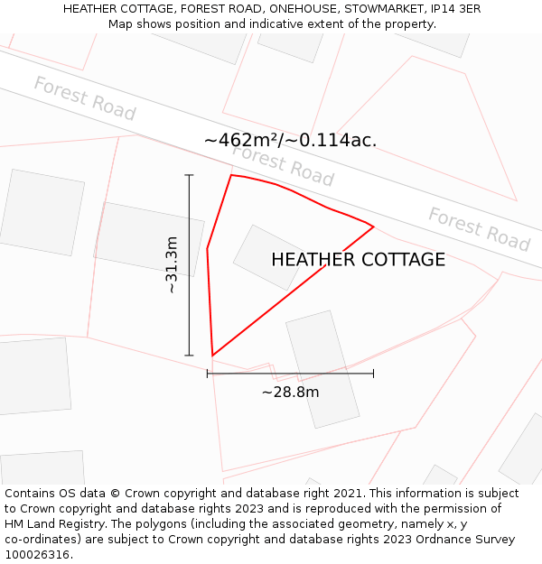 HEATHER COTTAGE, FOREST ROAD, ONEHOUSE, STOWMARKET, IP14 3ER: Plot and title map