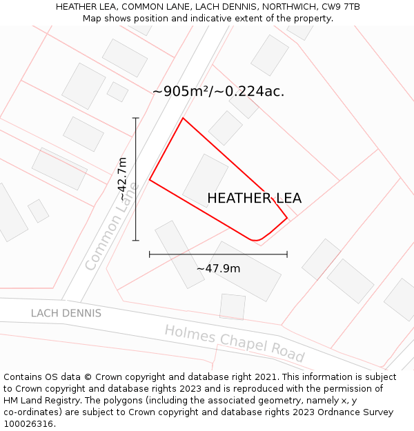 HEATHER LEA, COMMON LANE, LACH DENNIS, NORTHWICH, CW9 7TB: Plot and title map