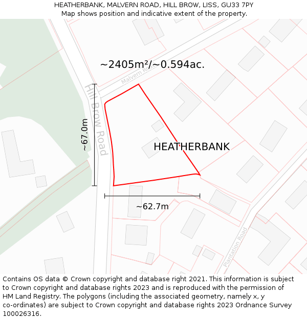 HEATHERBANK, MALVERN ROAD, HILL BROW, LISS, GU33 7PY: Plot and title map