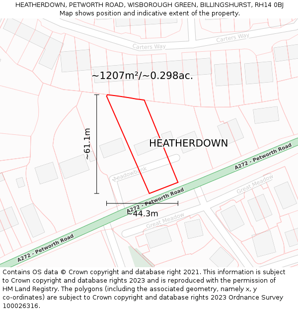 HEATHERDOWN, PETWORTH ROAD, WISBOROUGH GREEN, BILLINGSHURST, RH14 0BJ: Plot and title map