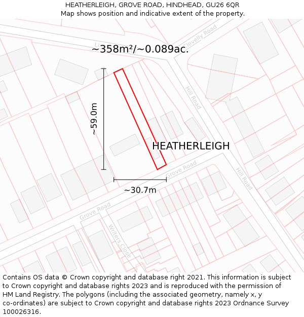 HEATHERLEIGH, GROVE ROAD, HINDHEAD, GU26 6QR: Plot and title map