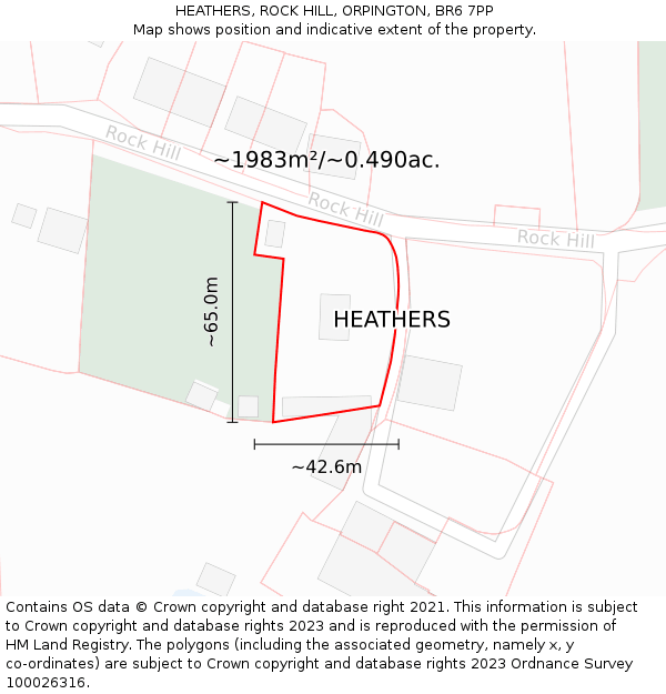 HEATHERS, ROCK HILL, ORPINGTON, BR6 7PP: Plot and title map