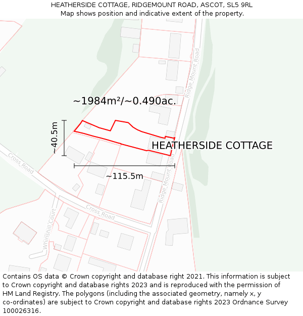 HEATHERSIDE COTTAGE, RIDGEMOUNT ROAD, ASCOT, SL5 9RL: Plot and title map