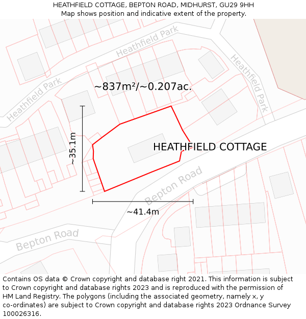 HEATHFIELD COTTAGE, BEPTON ROAD, MIDHURST, GU29 9HH: Plot and title map