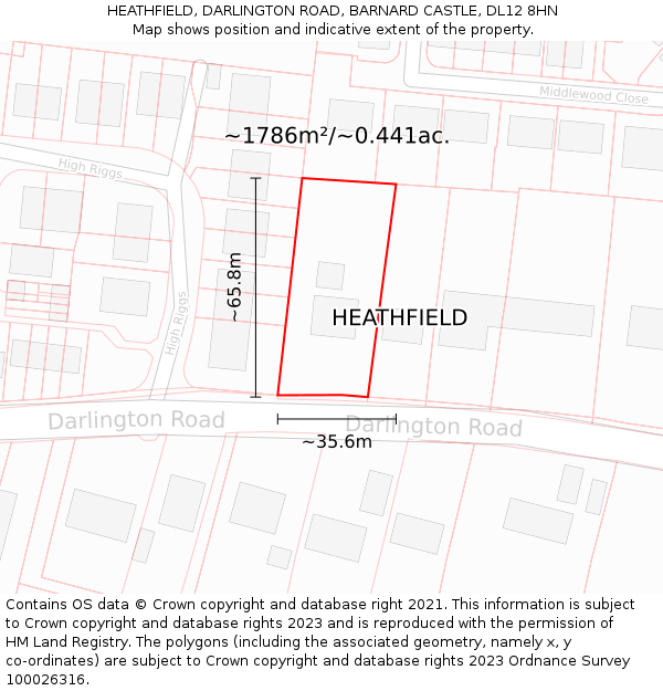HEATHFIELD, DARLINGTON ROAD, BARNARD CASTLE, DL12 8HN: Plot and title map