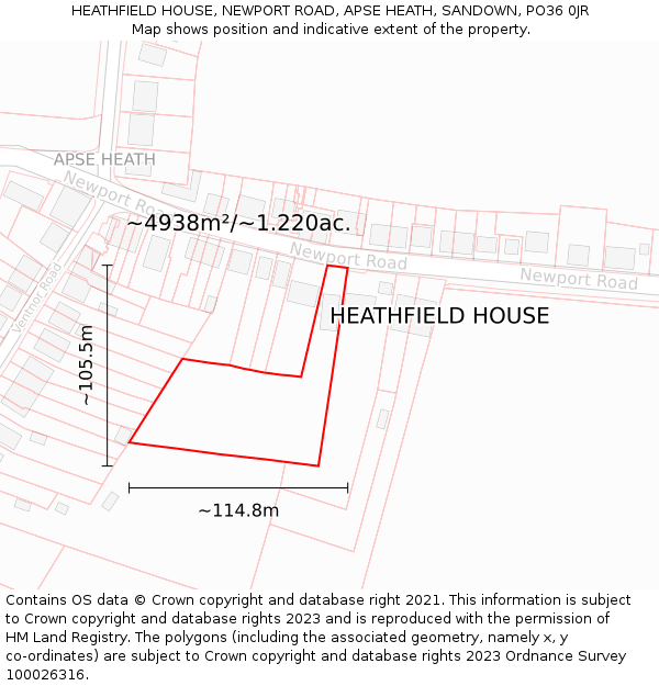 HEATHFIELD HOUSE, NEWPORT ROAD, APSE HEATH, SANDOWN, PO36 0JR: Plot and title map