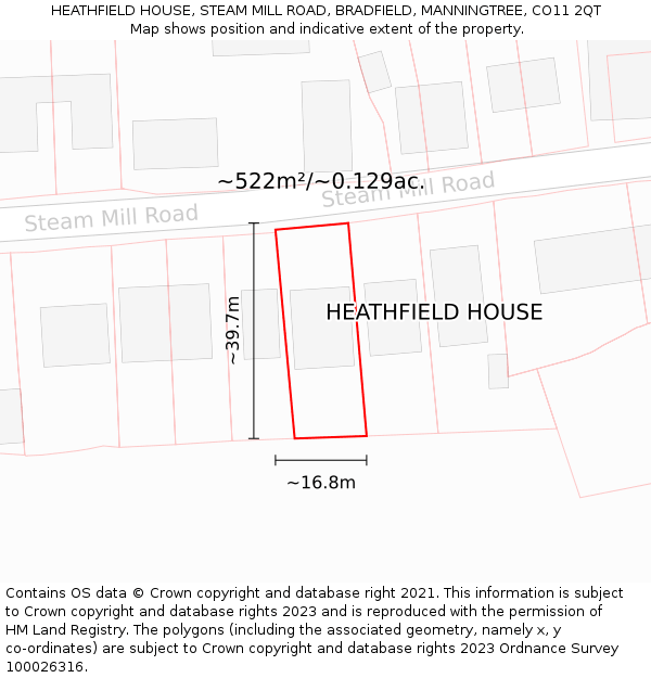 HEATHFIELD HOUSE, STEAM MILL ROAD, BRADFIELD, MANNINGTREE, CO11 2QT: Plot and title map