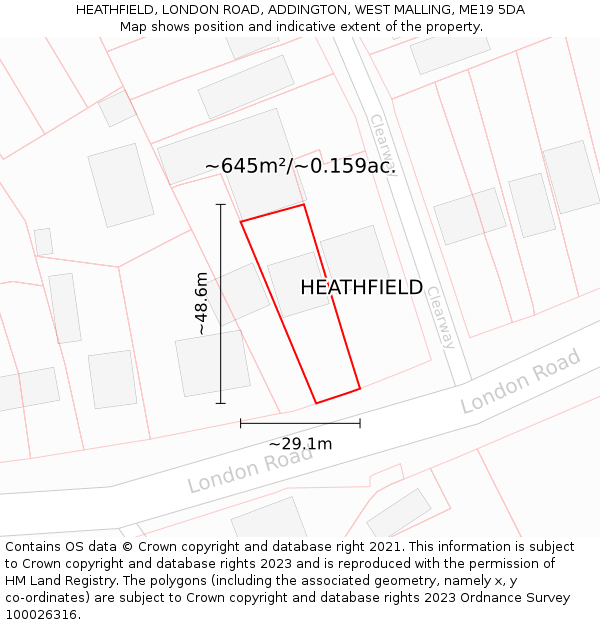 HEATHFIELD, LONDON ROAD, ADDINGTON, WEST MALLING, ME19 5DA: Plot and title map