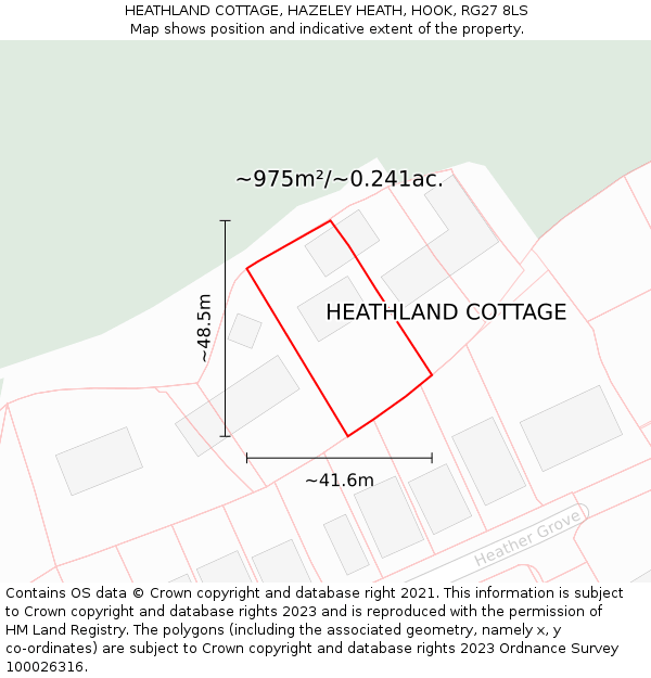 HEATHLAND COTTAGE, HAZELEY HEATH, HOOK, RG27 8LS: Plot and title map