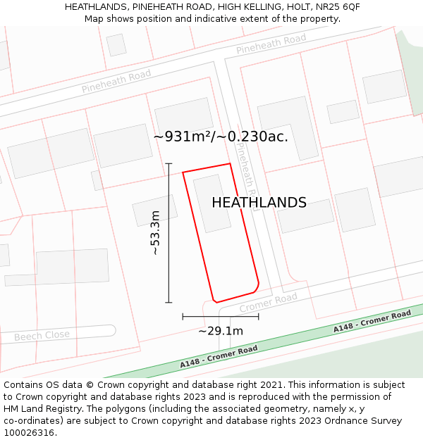 HEATHLANDS, PINEHEATH ROAD, HIGH KELLING, HOLT, NR25 6QF: Plot and title map