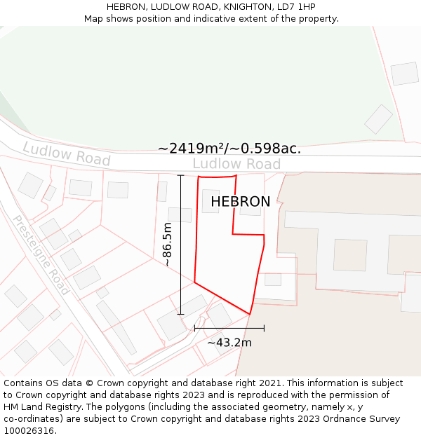 HEBRON, LUDLOW ROAD, KNIGHTON, LD7 1HP: Plot and title map
