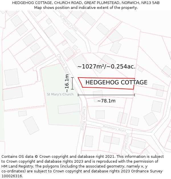 HEDGEHOG COTTAGE, CHURCH ROAD, GREAT PLUMSTEAD, NORWICH, NR13 5AB: Plot and title map