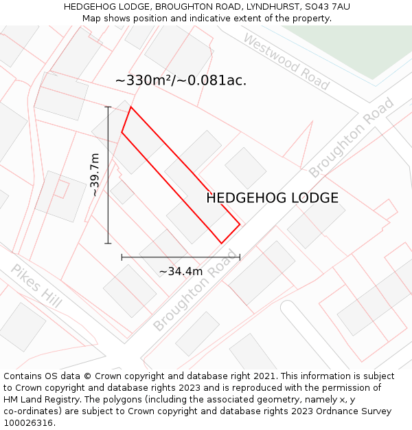 HEDGEHOG LODGE, BROUGHTON ROAD, LYNDHURST, SO43 7AU: Plot and title map