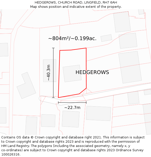 HEDGEROWS, CHURCH ROAD, LINGFIELD, RH7 6AH: Plot and title map