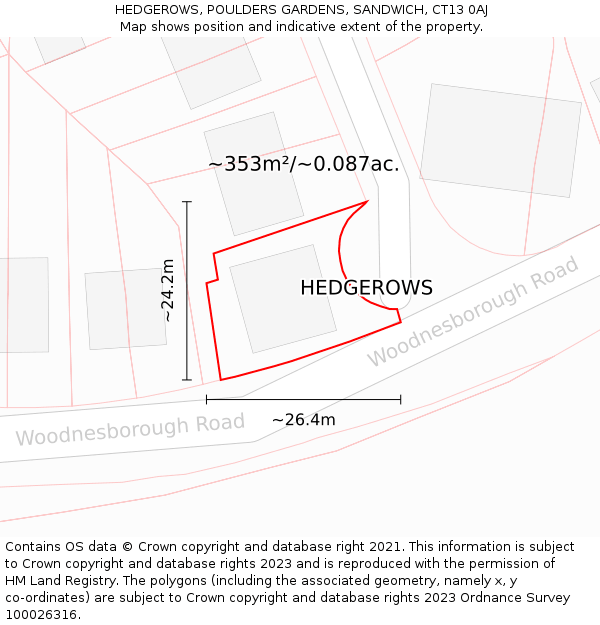 HEDGEROWS, POULDERS GARDENS, SANDWICH, CT13 0AJ: Plot and title map