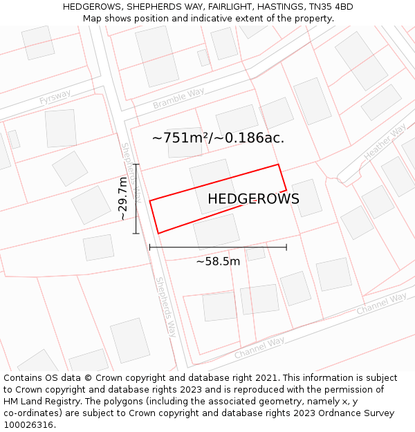 HEDGEROWS, SHEPHERDS WAY, FAIRLIGHT, HASTINGS, TN35 4BD: Plot and title map