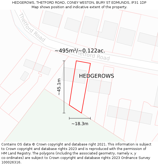 HEDGEROWS, THETFORD ROAD, CONEY WESTON, BURY ST EDMUNDS, IP31 1DP: Plot and title map