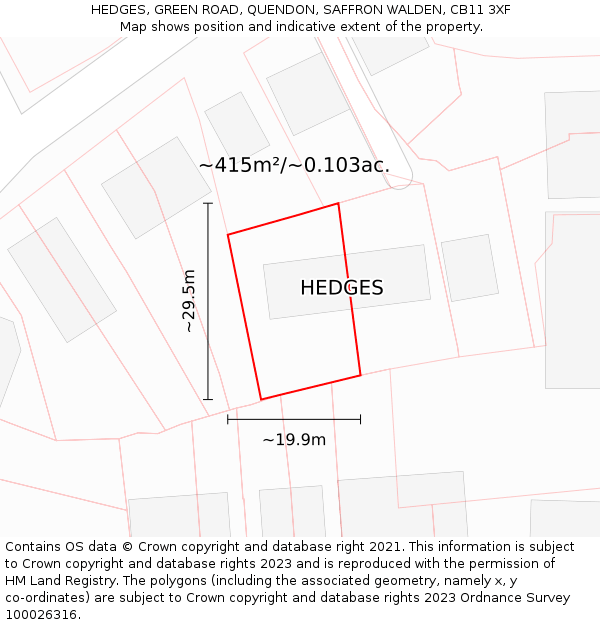 HEDGES, GREEN ROAD, QUENDON, SAFFRON WALDEN, CB11 3XF: Plot and title map