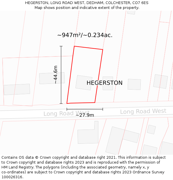 HEGERSTON, LONG ROAD WEST, DEDHAM, COLCHESTER, CO7 6ES: Plot and title map