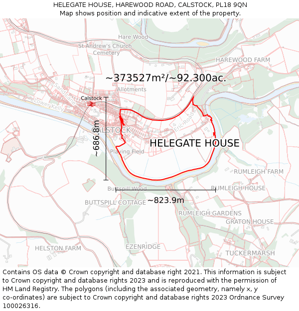 HELEGATE HOUSE, HAREWOOD ROAD, CALSTOCK, PL18 9QN: Plot and title map