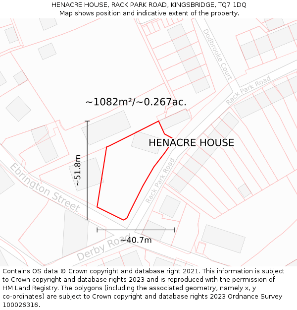 HENACRE HOUSE, RACK PARK ROAD, KINGSBRIDGE, TQ7 1DQ: Plot and title map