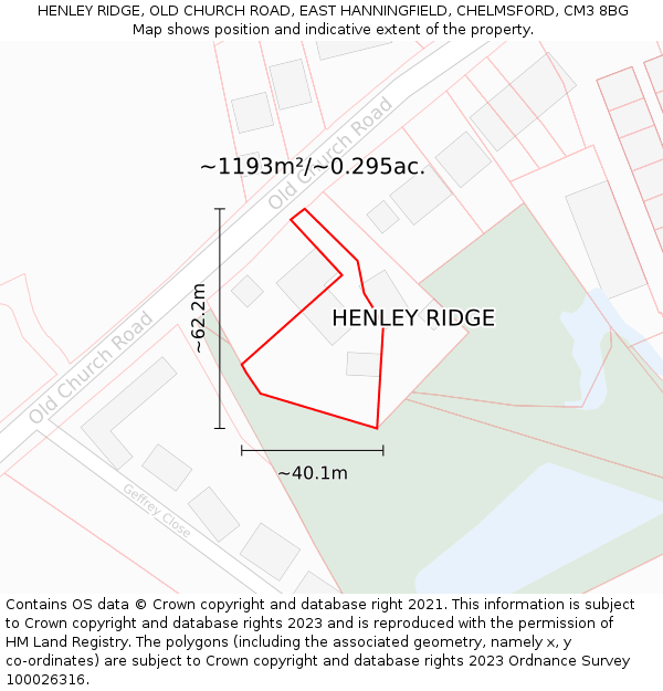 HENLEY RIDGE, OLD CHURCH ROAD, EAST HANNINGFIELD, CHELMSFORD, CM3 8BG: Plot and title map