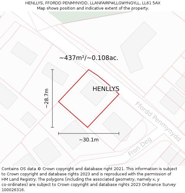 HENLLYS, FFORDD PENMYNYDD, LLANFAIRPWLLGWYNGYLL, LL61 5AX: Plot and title map