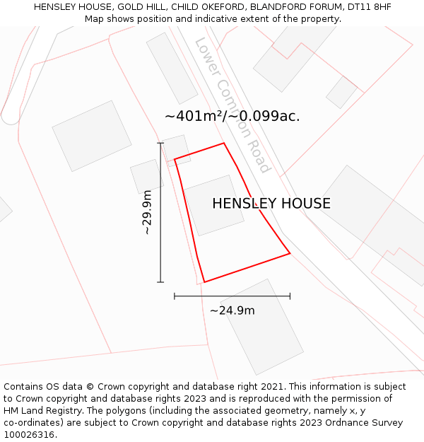 HENSLEY HOUSE, GOLD HILL, CHILD OKEFORD, BLANDFORD FORUM, DT11 8HF: Plot and title map