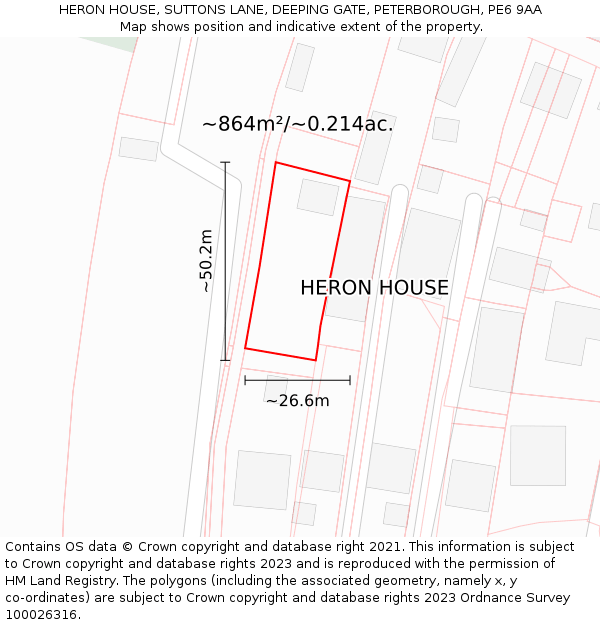 HERON HOUSE, SUTTONS LANE, DEEPING GATE, PETERBOROUGH, PE6 9AA: Plot and title map