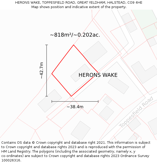 HERONS WAKE, TOPPESFIELD ROAD, GREAT YELDHAM, HALSTEAD, CO9 4HE: Plot and title map