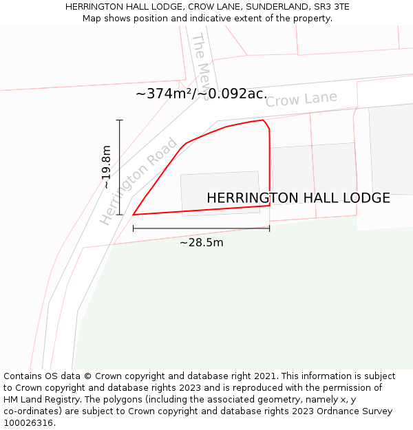 HERRINGTON HALL LODGE, CROW LANE, SUNDERLAND, SR3 3TE: Plot and title map