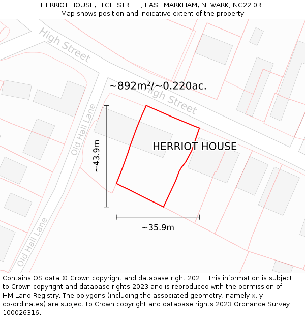 HERRIOT HOUSE, HIGH STREET, EAST MARKHAM, NEWARK, NG22 0RE: Plot and title map