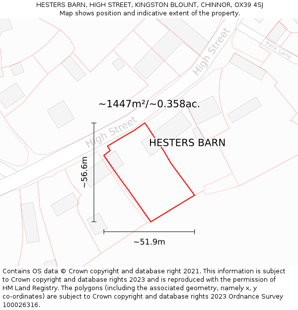 HESTERS BARN, HIGH STREET, KINGSTON BLOUNT, CHINNOR, OX39 4SJ: Plot and title map