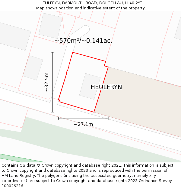 HEULFRYN, BARMOUTH ROAD, DOLGELLAU, LL40 2YT: Plot and title map