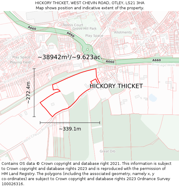 HICKORY THICKET, WEST CHEVIN ROAD, OTLEY, LS21 3HA: Plot and title map