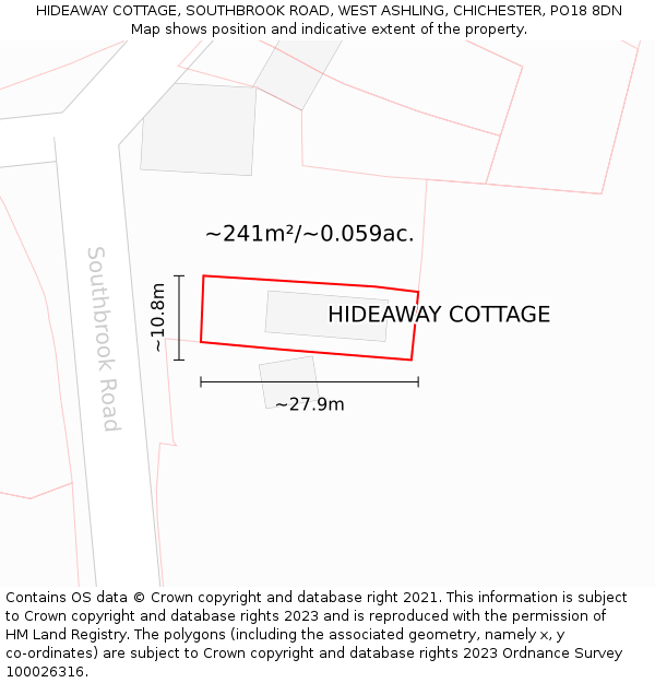 HIDEAWAY COTTAGE, SOUTHBROOK ROAD, WEST ASHLING, CHICHESTER, PO18 8DN: Plot and title map