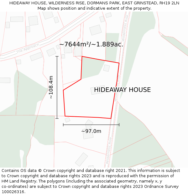 HIDEAWAY HOUSE, WILDERNESS RISE, DORMANS PARK, EAST GRINSTEAD, RH19 2LN: Plot and title map