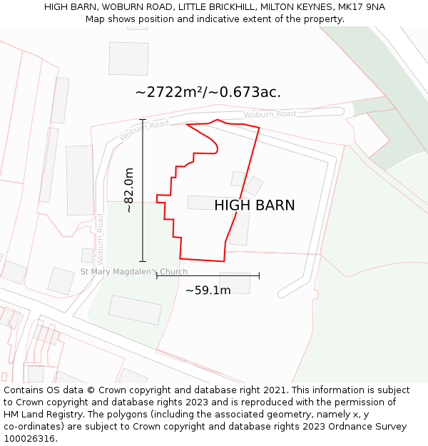 HIGH BARN, WOBURN ROAD, LITTLE BRICKHILL, MILTON KEYNES, MK17 9NA: Plot and title map