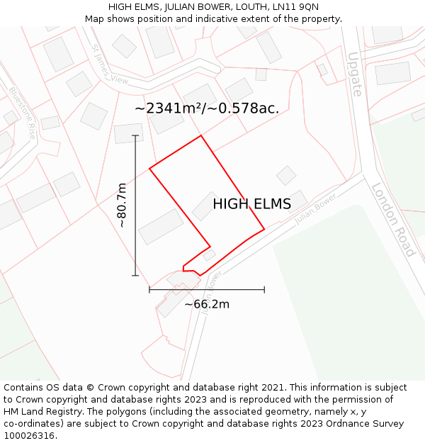 HIGH ELMS, JULIAN BOWER, LOUTH, LN11 9QN: Plot and title map