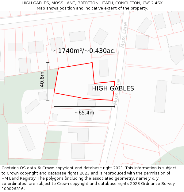 HIGH GABLES, MOSS LANE, BRERETON HEATH, CONGLETON, CW12 4SX: Plot and title map