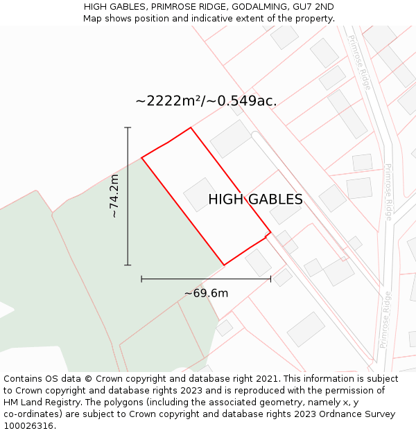 HIGH GABLES, PRIMROSE RIDGE, GODALMING, GU7 2ND: Plot and title map