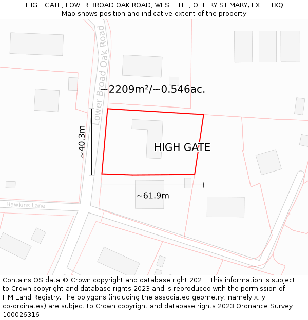 HIGH GATE, LOWER BROAD OAK ROAD, WEST HILL, OTTERY ST MARY, EX11 1XQ: Plot and title map