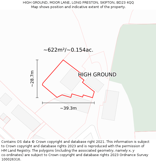 HIGH GROUND, MOOR LANE, LONG PRESTON, SKIPTON, BD23 4QQ: Plot and title map