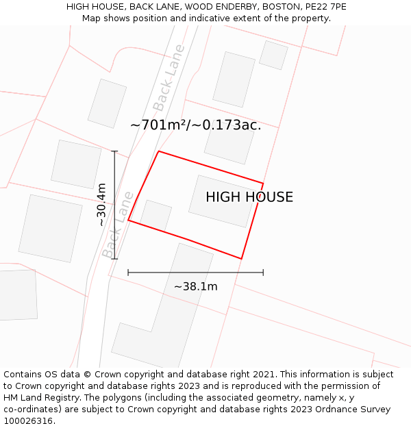 HIGH HOUSE, BACK LANE, WOOD ENDERBY, BOSTON, PE22 7PE: Plot and title map