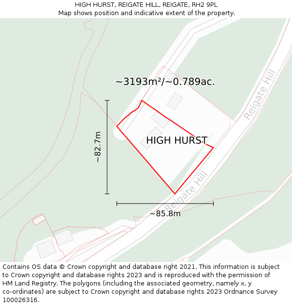 HIGH HURST, REIGATE HILL, REIGATE, RH2 9PL: Plot and title map